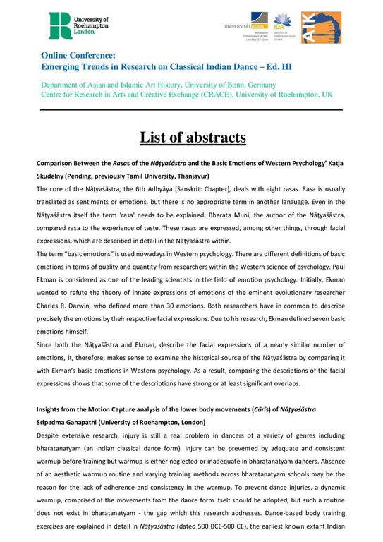 Abstracts: Online Conference: Emerging Trends in Research on Classical Indian Dance – Ed. III, October 25th & 26th 2024