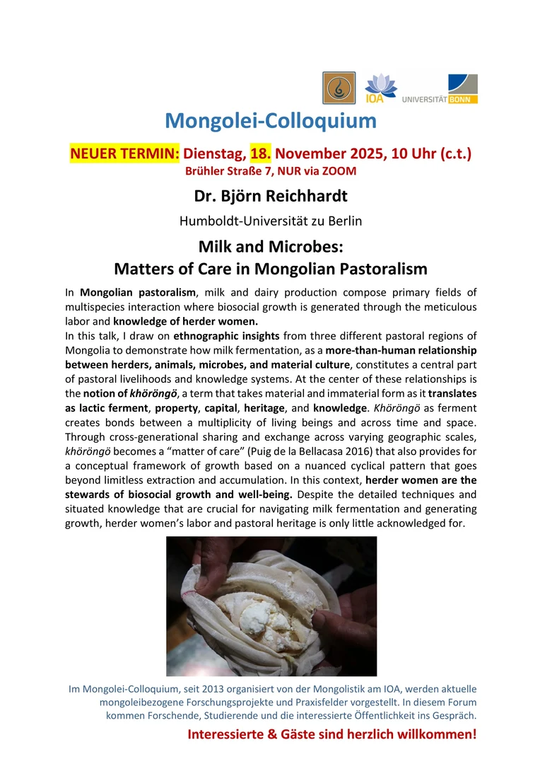 ACHTUNG NEUER TERMIN: Mongolei-Colloquium am 18 November: Björn Reichhardt: Milk and Microbes: Matters of Care in Mongolian Pastoralism