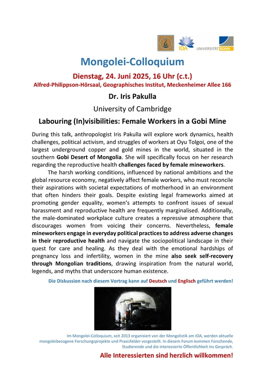 Mongolei-Colloquium 24. Juni: Iris Pakulla: Labouring (In)visibilities: Female Workers in a Gobi Mine - Danach: Dokumentarfilm "Angry Spirits"