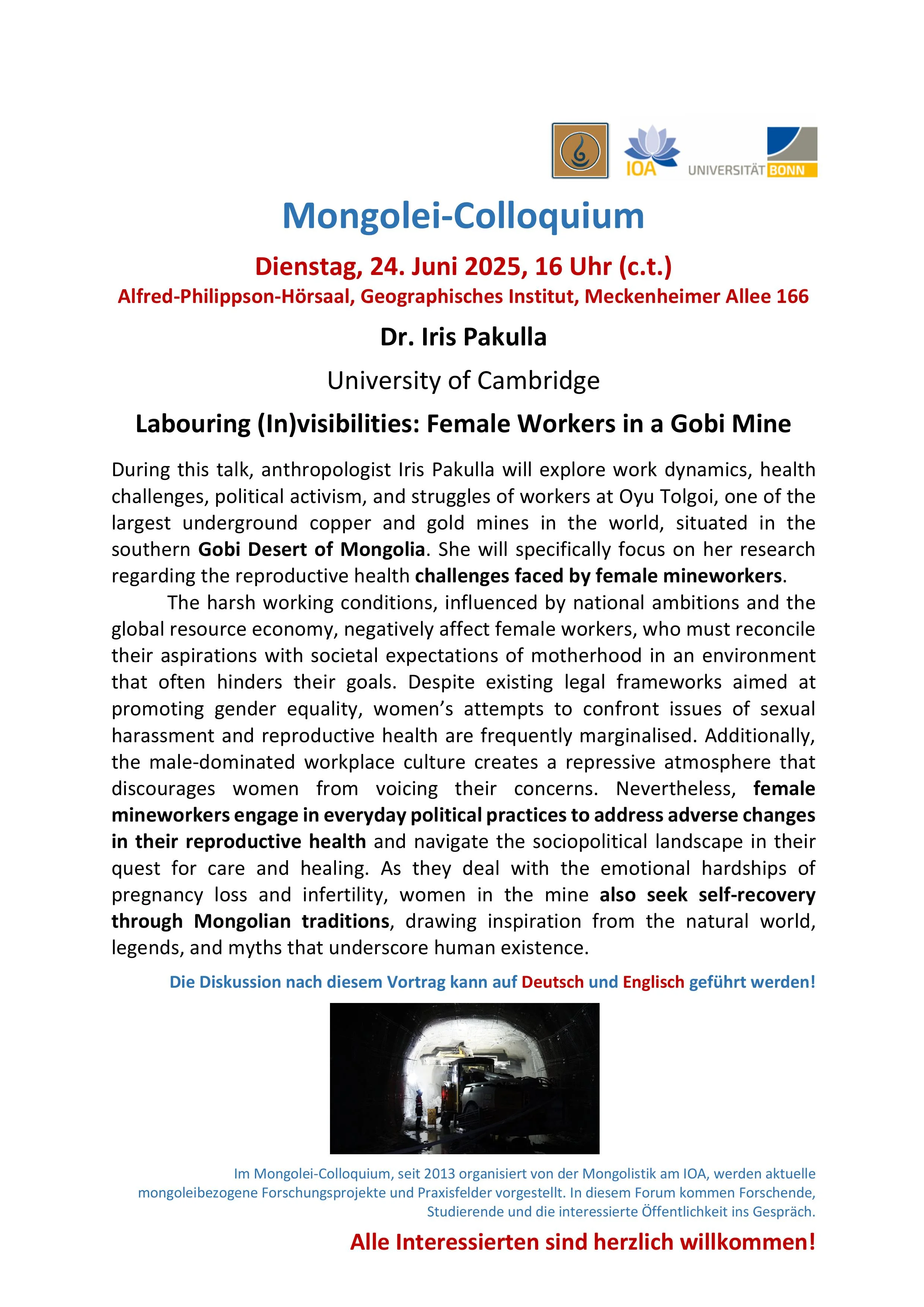 Mongolei-Colloquium 24. Juni: Iris Pakulla: Labouring (In)visibilities: Female Workers in a Gobi Mine - Danach: Dokumentarfilm "Angry Spirits"