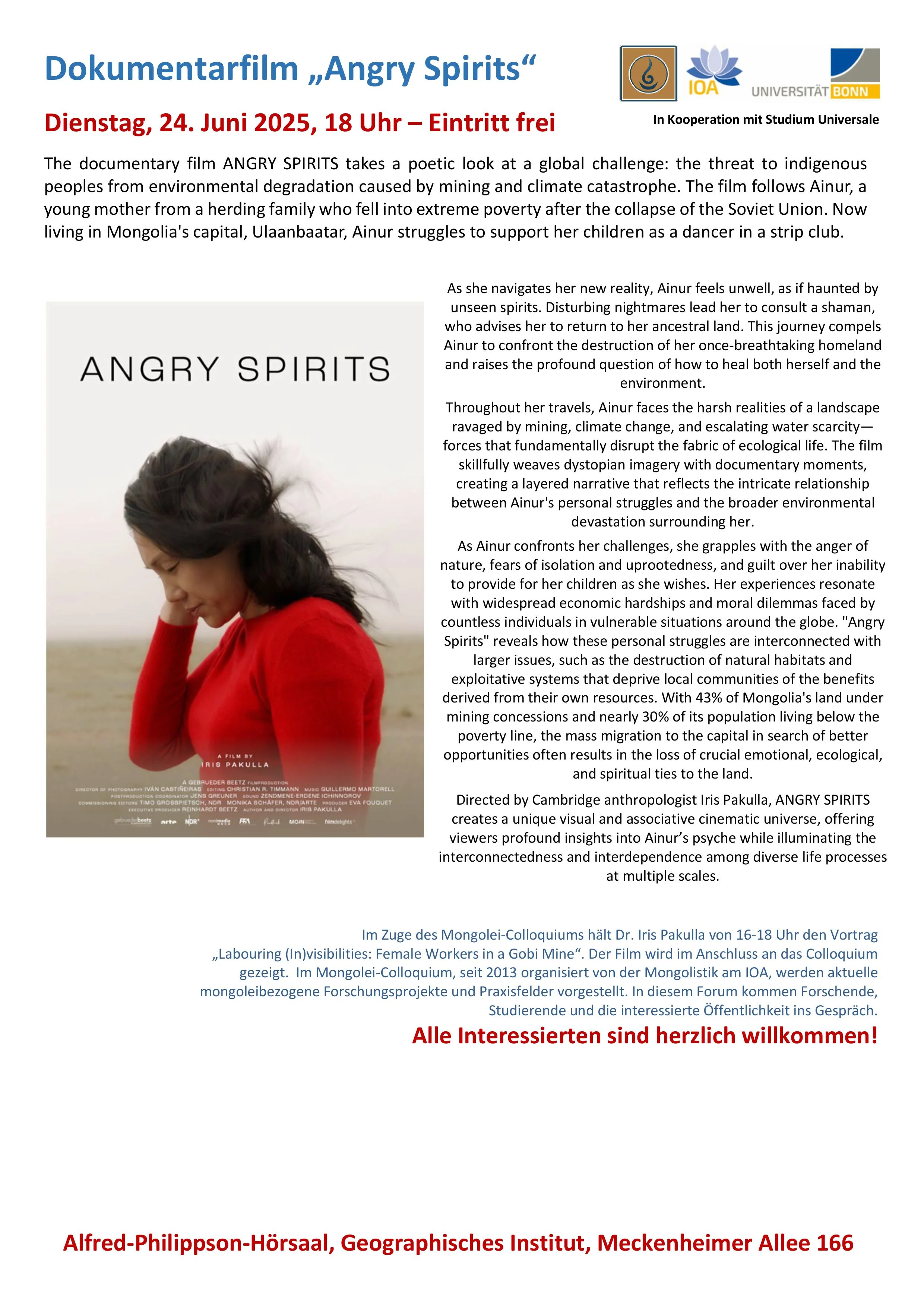 Mongolei-Colloquium 24. Juni: Iris Pakulla: Labouring (In)visibilities: Female Workers in a Gobi Mine - Danach: Dokumentarfilm "Angry Spirits"