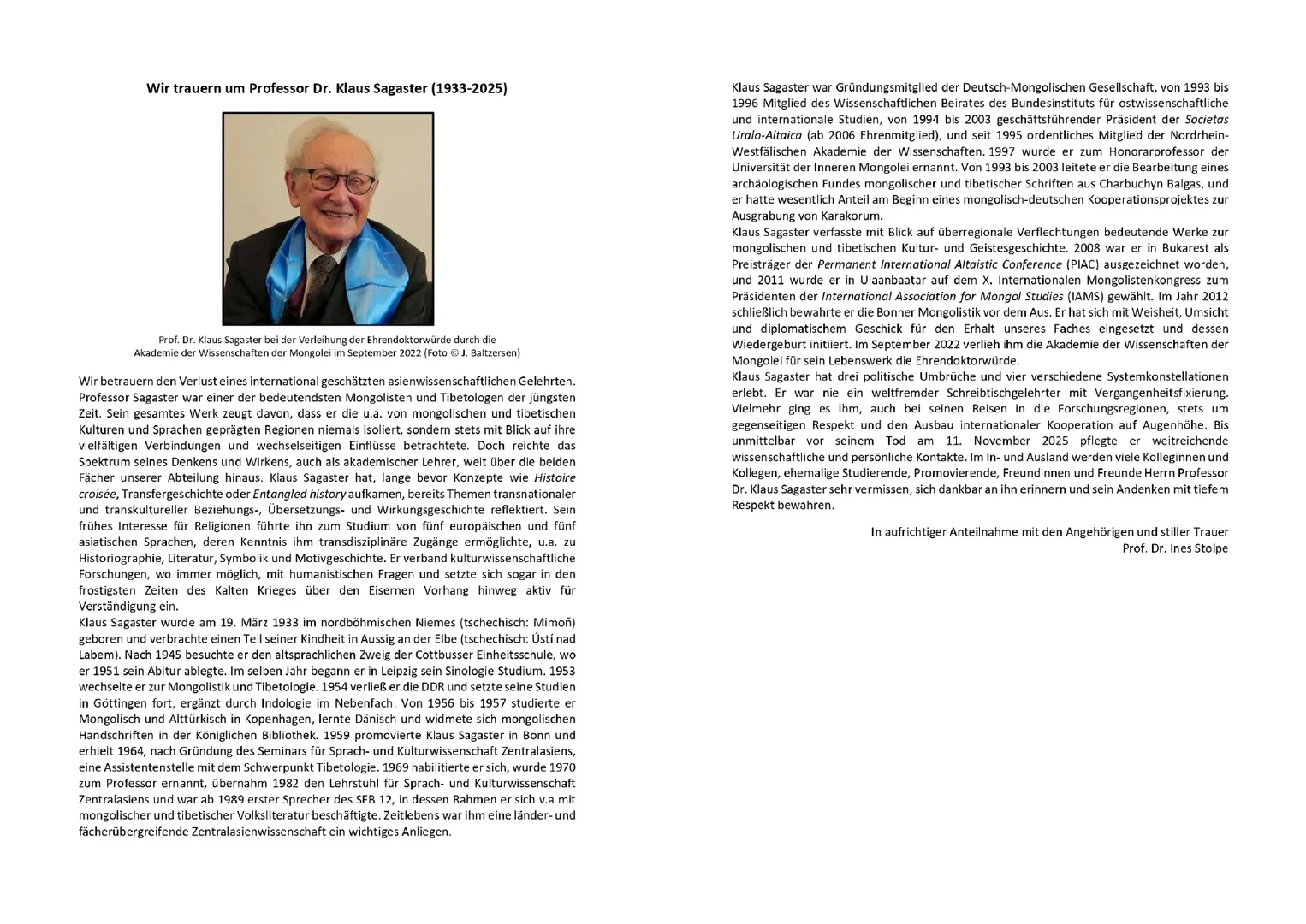 Wir trauern um Prof. Dr. Klaus Sagaster (1933-2025)