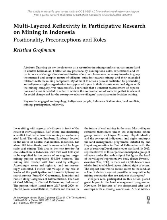 Multi-Layered Reflexivity in Participative Research on Mining in Indonesia - Positionality, Preconceptions and Roles by Kristina Großmann